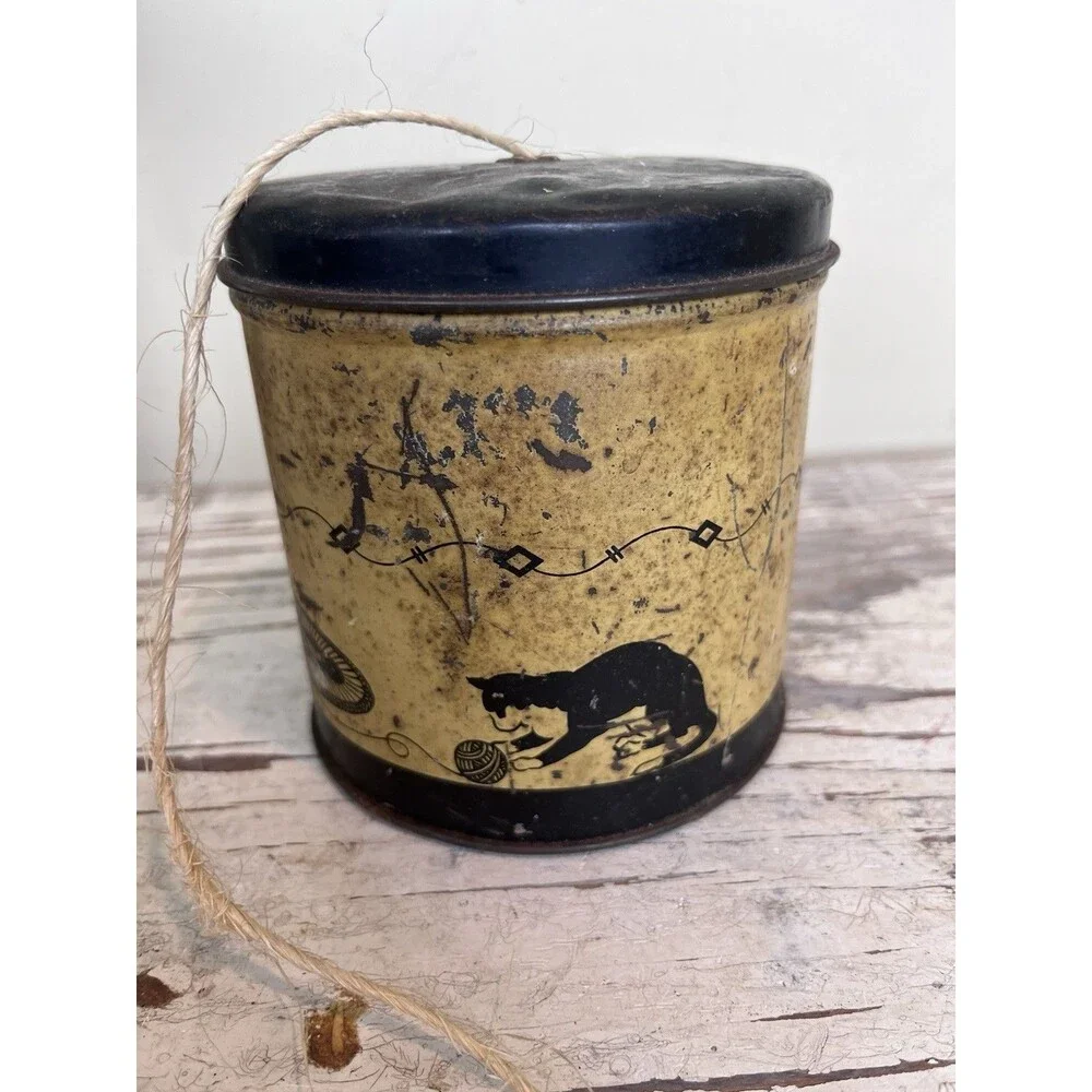 Vintage Cottage Tin W/Lid Yarn String Holder Lady Silhouette & Little Black Cat